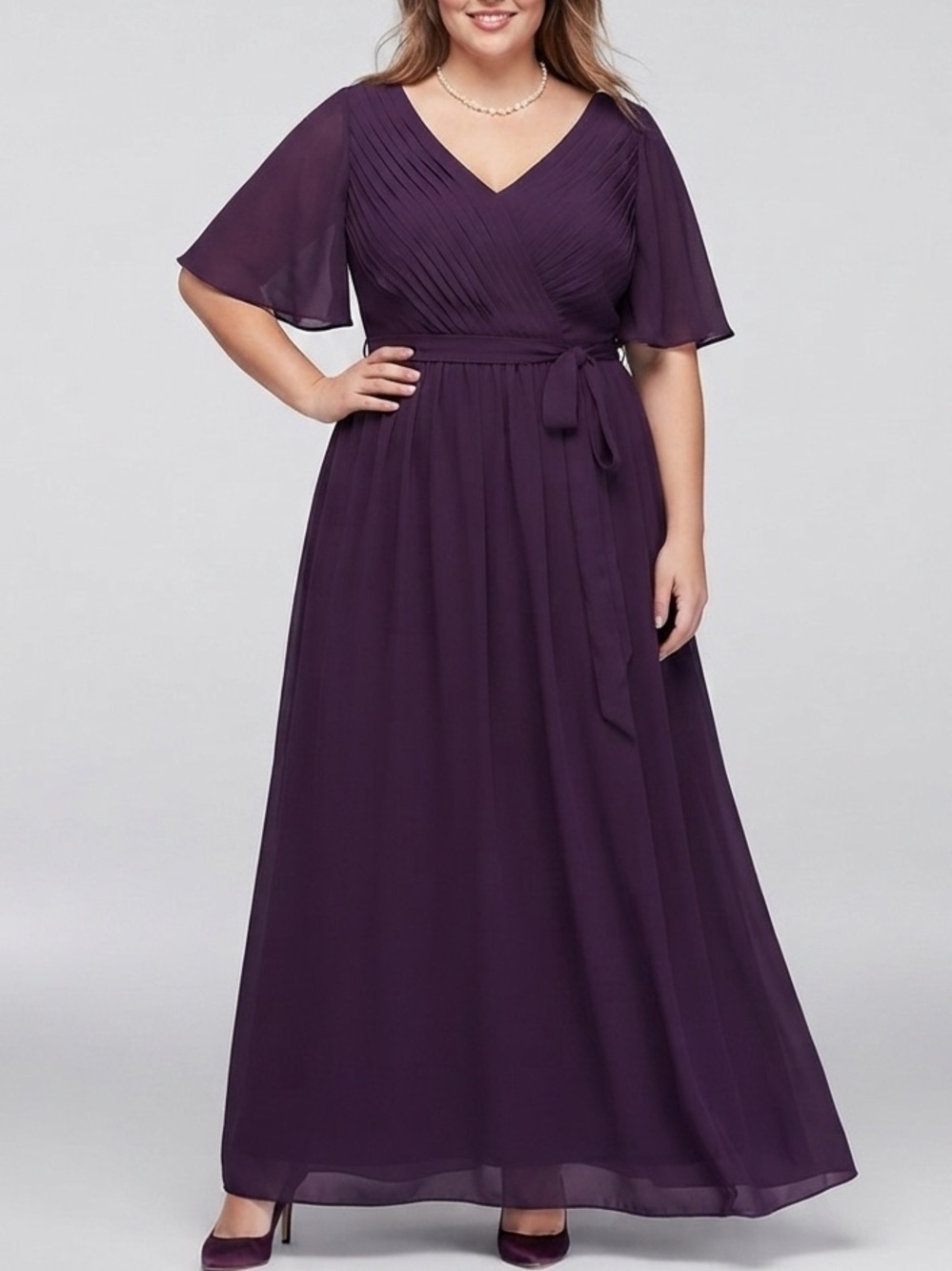 Purple Formal Dress Flutter Sleeve Maxi Medium Large